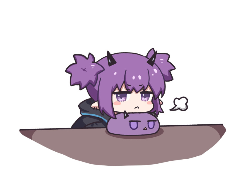 1girl :&lt; animal animalization arknights bangs black_jacket blush_stickers closed_mouth commentary_request ear_piercing hood hood_down hooded_jacket horns jacket lava_(arknights) looking_at_viewer mabing parted_lips piercing pointy_ears purple_hair short_twintails simple_background table triangle_mouth twintails violet_eyes white_background