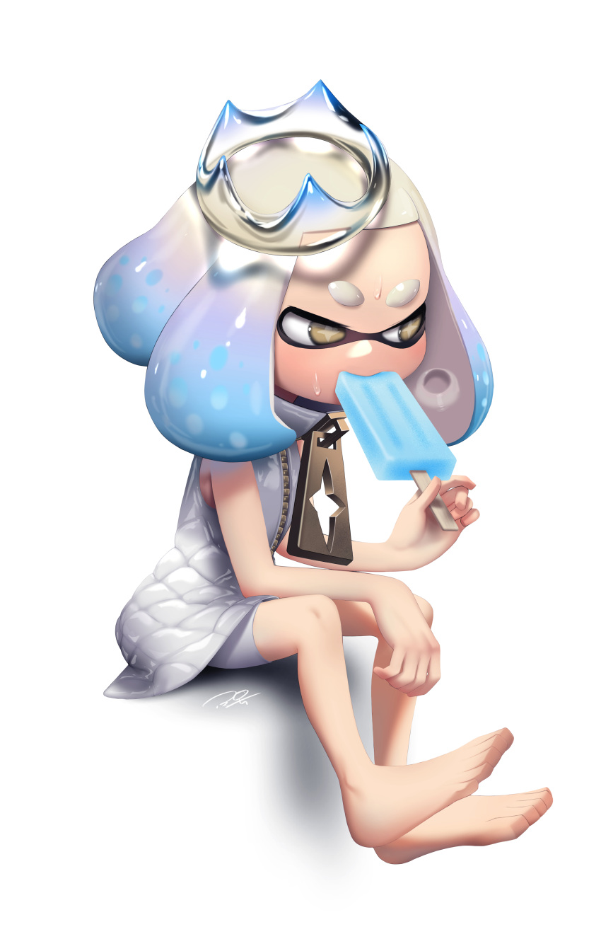 1girl absurdres bare_arms bare_legs bare_shoulders barefoot blue_hair brown_eyes cross-shaped_pupils dress food full_body gradient_hair highres holding light_blue_hair medium_hair multicolored_hair no_legwear no_shoes pearl_(splatoon) popsicle puchiman shadow shorts shorts_under_dress simple_background sitting sleeveless sleeveless_dress solo splatoon_(series) splatoon_2 suction_cups sweat tentacle_hair two-tone_hair white_background white_dress white_hair white_shorts zipper zipper_pull_tab