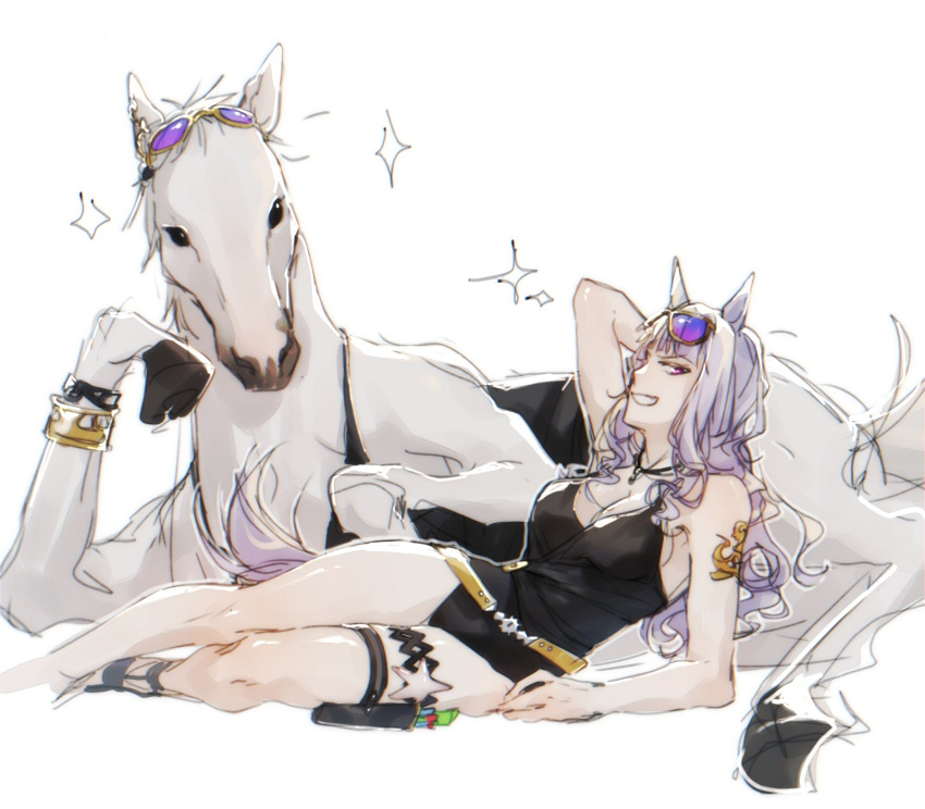 animal_ears belt cosplay creature_and_personification gold_ship_(racehorse) gold_ship_(run_revolt_launcher)_(umamusume) gold_ship_(umamusume) gold_ship_(umamusume)_(cosplay) grey_hair highres holster horse horse_ears horse_girl red_eyes smug sunglasses swimsuit thigh_holster umamusume wavy_hair