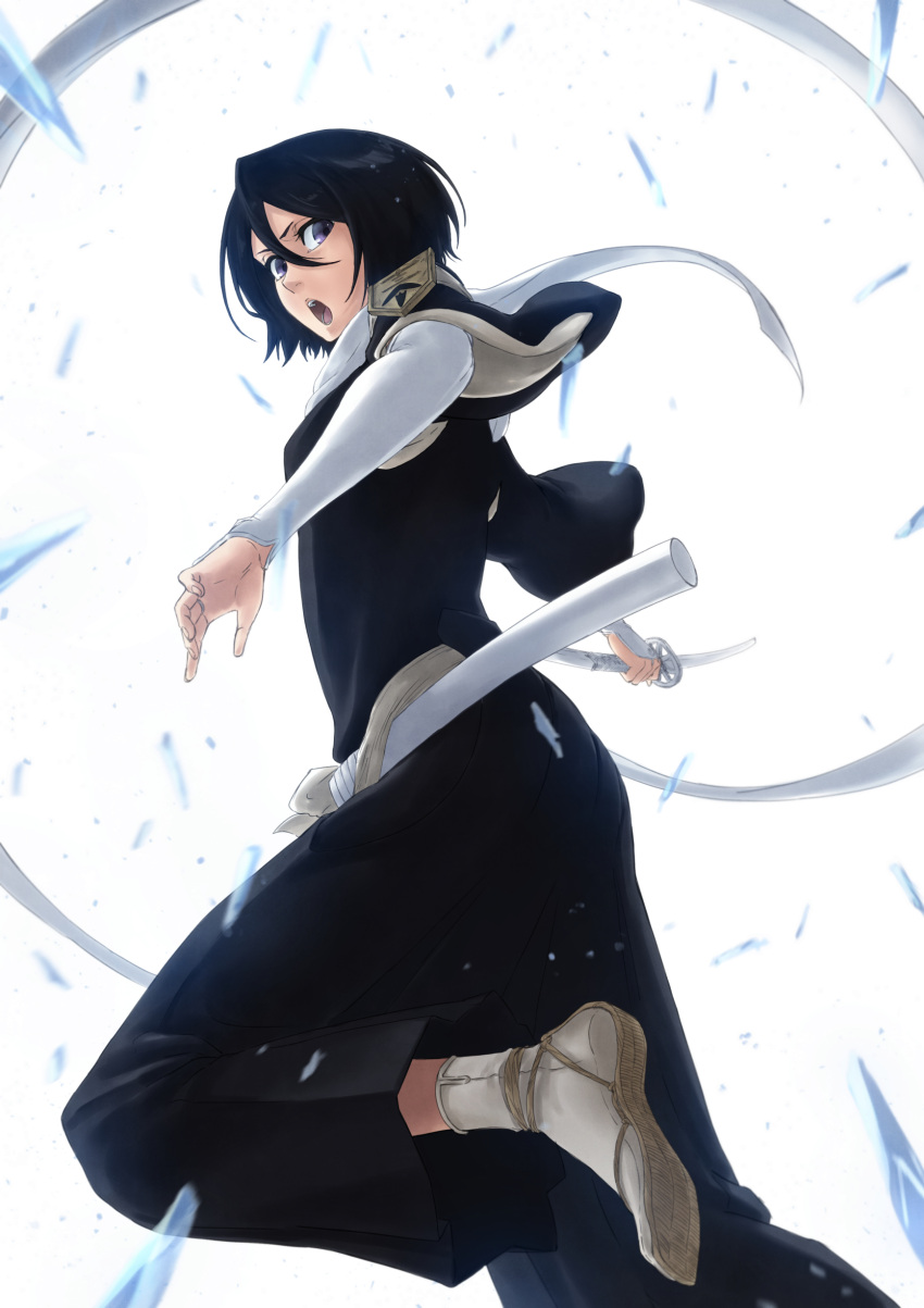 1girl :o absurdres bangs black_eyes black_hair black_hakama bleach female foot_out_of_frame from_side hair_between_eyes hakama highres holding holding_sword holding_weapon japanese_clothes kuchiki_rukia long_hair long_sleeves looking_at_viewer mitarashi_(5333069) open_mouth running sheath shiny shiny_hair short_hair solo sword unsheathed weapon white_background white_sleeves