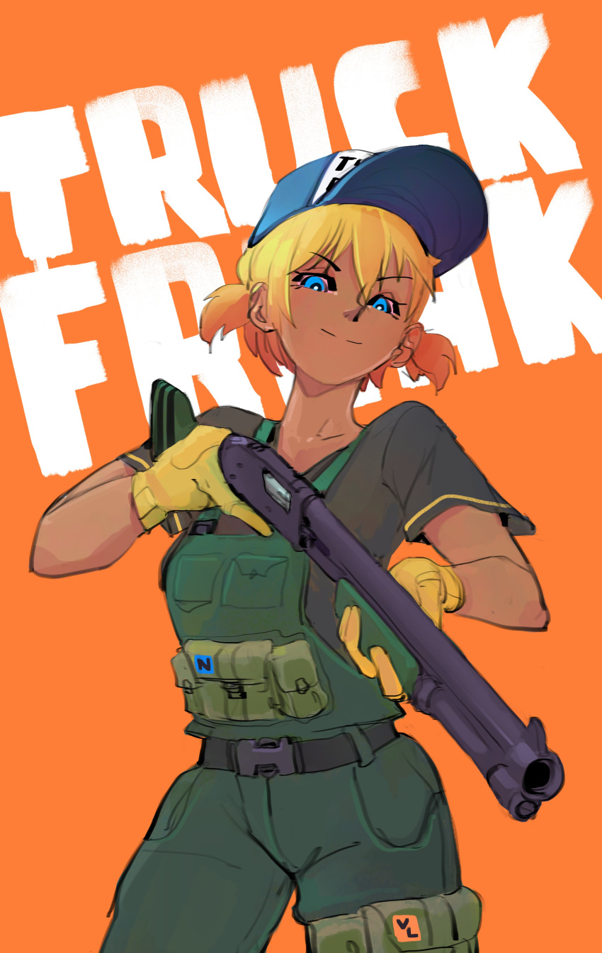 1girl absurdres aiming_at_viewer baseball_cap blonde_hair blue_eyes closed_mouth gloves gradient_hair green_overalls grey_shirt gun hat highres holding holding_gun holding_weapon looking_at_viewer multicolored_hair original polilla pouch shirt short_sleeves shotgun smile solo standing twintails weapon yellow_gloves