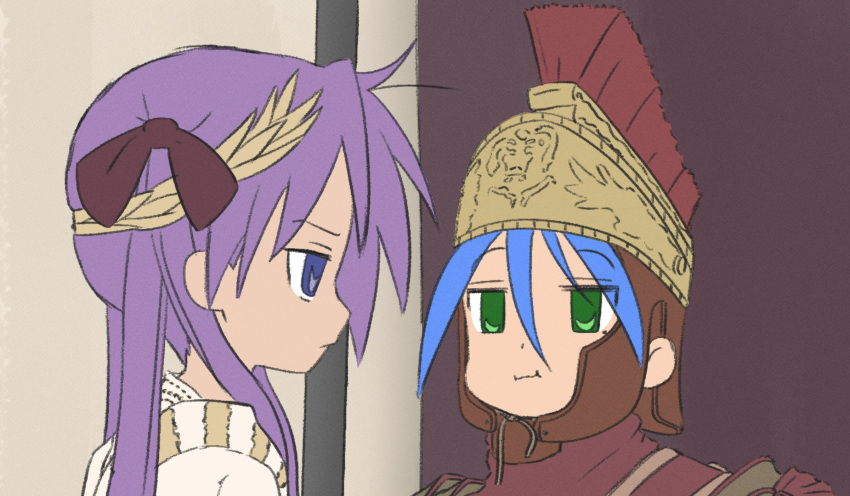 2girls :i bangs blue_eyes blue_hair brown_ribbon english_commentary expressionless green_eyes hair_between_eyes hair_ribbon highres hiiragi_kagami izumi_konata long_hair looking_at_viewer looking_away lucky_star mole mole_under_eye monty_python monty_python's_life_of_brian multiple_girls parody pout purple_hair ribbon scene_reference upper_body zlix0n