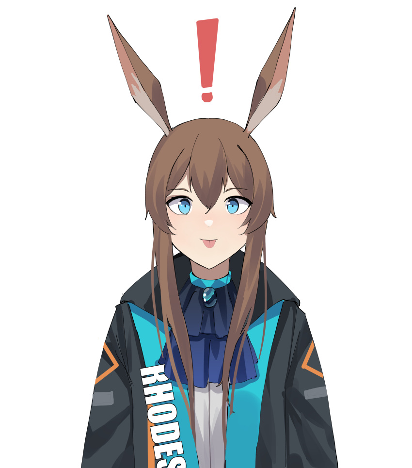 ! 1girl :p absurdres amiya_(arknights) animal_ears arknights ascot black_jacket blue_ascot blue_collar blue_eyes brown_hair clothes_writing collar gar32 hair_between_eyes highres jacket jewelry long_hair looking_at_viewer neck_ring open_clothes open_jacket rabbit_ears rabbit_girl shirt sidelocks simple_background solo straight-on tongue tongue_out upper_body white_background white_shirt