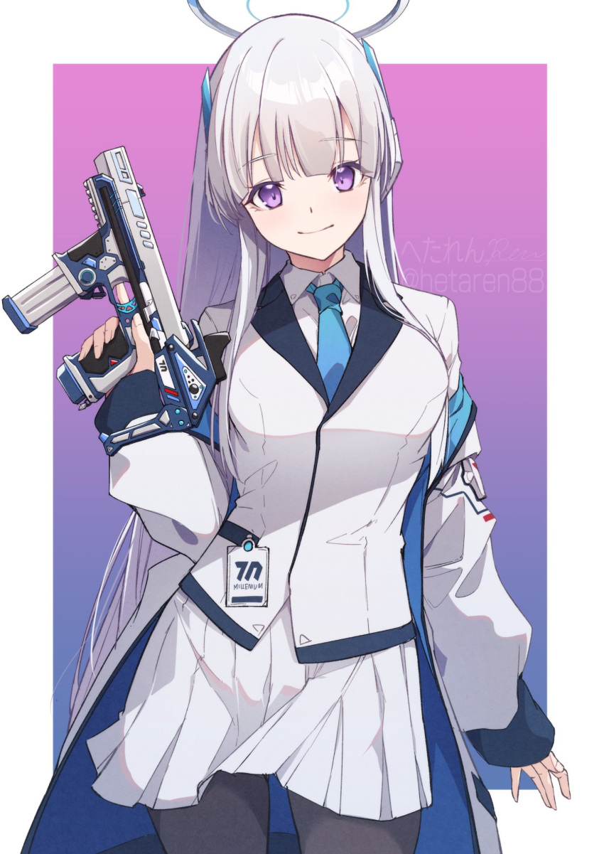 1girl blue_archive blue_necktie breasts collared_shirt formal grey_hair gun hair_between_eyes halo handgun headphones hetaren_(ramark) highres holding holding_gun holding_weapon id_card jacket large_breasts looking_at_viewer mechanical_halo necktie noa_(blue_archive) open_clothes open_jacket pantyhose pleated_skirt shirt simple_background skirt smile solo standing suit two-tone_background violet_eyes weapon white_jacket white_skirt white_suit