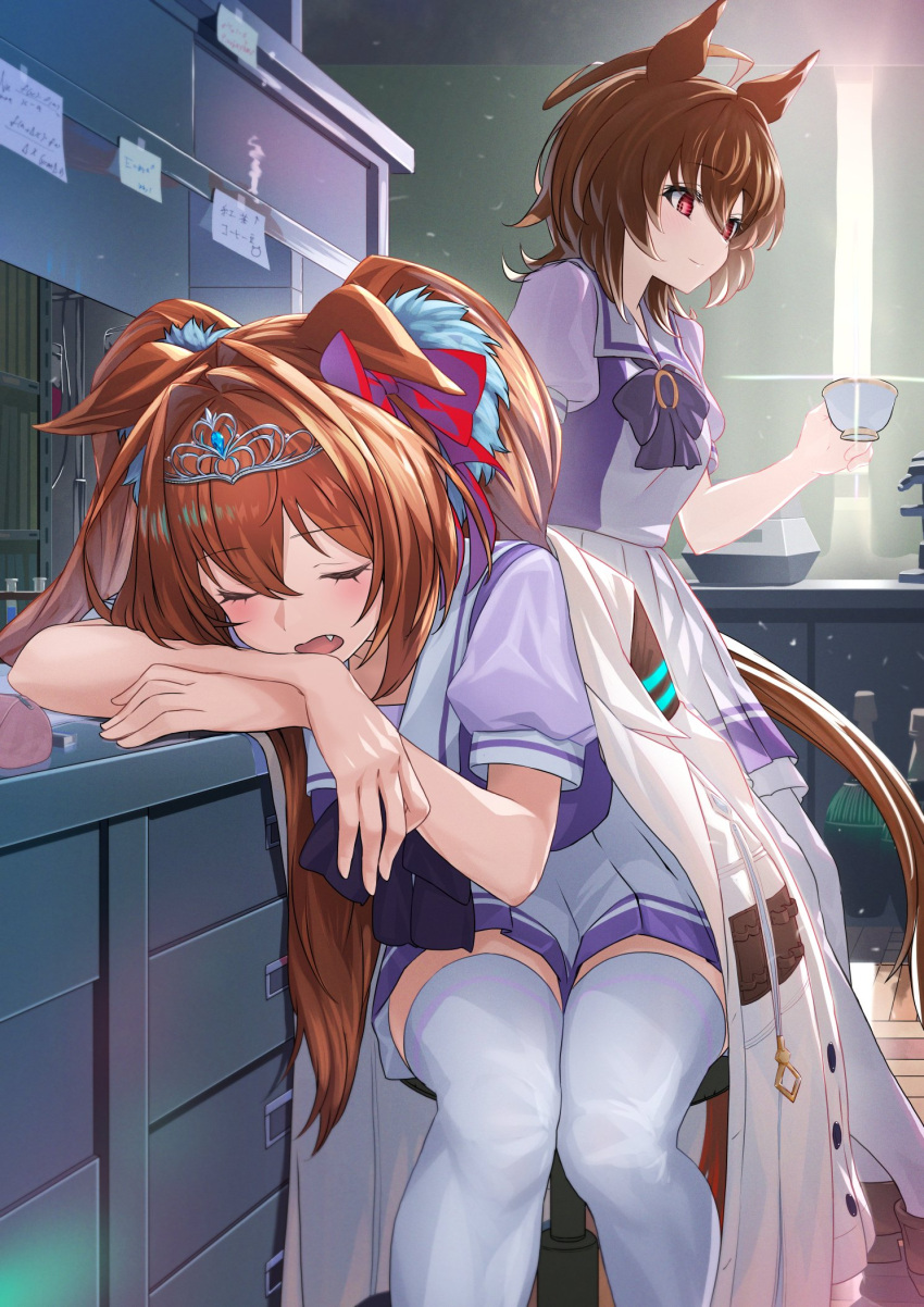 2girls agnes_tachyon_(umamusume) ahoge bow bowtie breasts brown_hair closed_eyes commentary_request cup daiwa_scarlet_(umamusume) fang highres holding holding_cup horse_girl indoors long_hair multiple_girls nabe_saori open_mouth pleated_skirt puffy_short_sleeves puffy_sleeves purple_bow purple_bowtie red_eyes short_sleeves sitting skirt small_breasts thigh-highs umamusume very_long_hair white_skirt white_thighhighs zettai_ryouiki