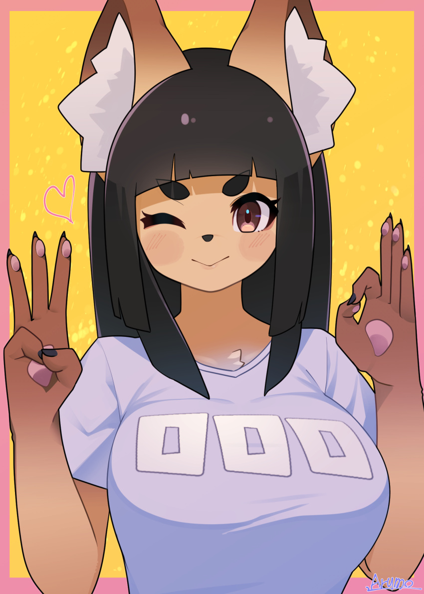 1girl animal_ear_fluff animal_ears bangs black_hair blunt_bangs blush body_fur border breasts brown_eyes brown_fur fox_ears fox_girl furry furry_female heart highres komena_(ryuusui_arumo) medium_breasts ok_sign one_eye_closed original pink_border portrait ryuusui_arumo smile solo v-shaped_eyebrows yellow_background