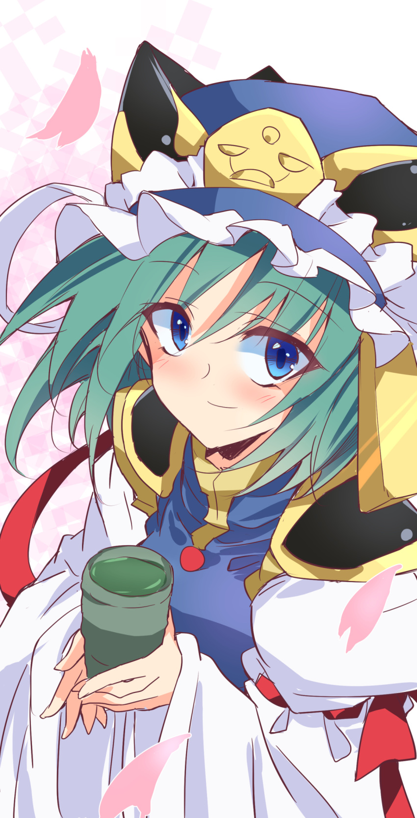 1girl balance_scale bangs blue_headwear closed_mouth cup epaulettes frilled_hat frills green_hair hat highres holding holding_cup ichimura_kanata juliet_sleeves long_sleeves looking_at_viewer one-hour_drawing_challenge puffy_sleeves shiki_eiki short_hair simple_background smile solo touhou upper_body weighing_scale white_background wide_sleeves