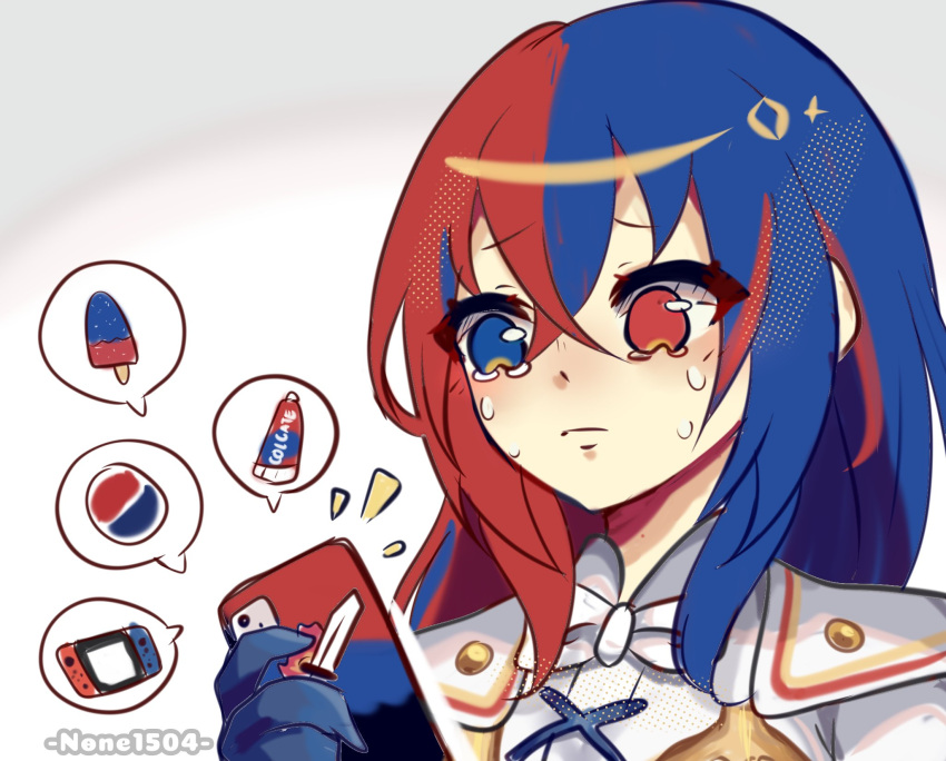1girl alear_(fire_emblem) alear_(fire_emblem)_(female) among_us among_us_eyes_(meme) blue_eyes blue_hair bow cellphone colgate color_connection fire_emblem fire_emblem_engage food heterochromia highres meme multicolored_hair nintendo_switch none1504 pepsi phone popsicle red_eyes redhead smartphone solo sweat tears toothpaste watermark white_bow