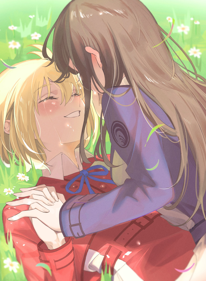 2girls absurdres black_hair blonde_hair blush closed_eyes crying day flower girl_on_top grass happy_tears highres holding_hands inoue_takina interlocked_fingers long_hair lycoris_recoil lycoris_uniform lying multiple_girls nishikigi_chisato on_back on_ground outdoors short_hair smile tears toho10min upper_body yuri