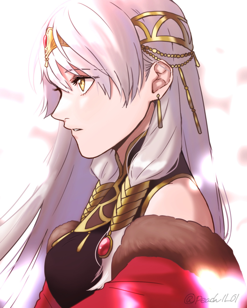 1girl bangs black_dress cape dress earrings fire_emblem fire_emblem:_radiant_dawn fire_emblem_cipher fire_emblem_heroes from_side half_updo highres jewelry light_particles long_hair micaiah_(fire_emblem) parted_lips peach11_01 profile red_cape sleeveless sleeveless_dress solo tiara twitter_username upper_body yellow_eyes