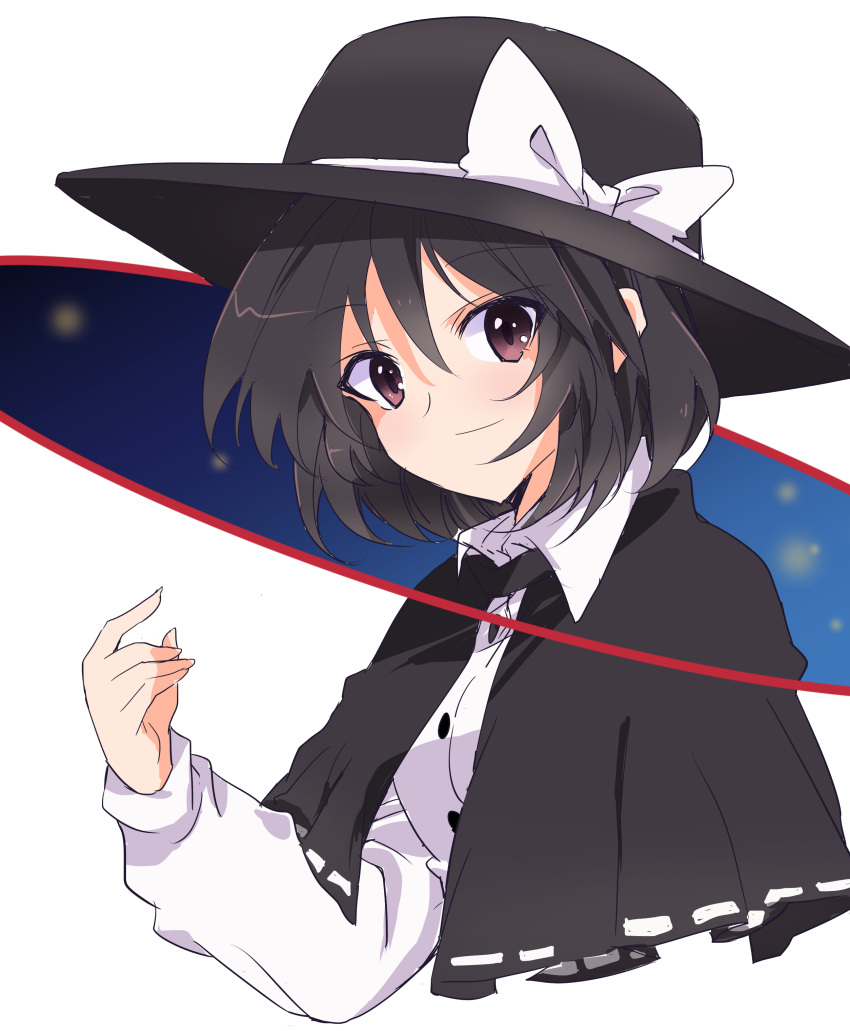 1girl absurdres black_capelet black_hair black_headwear bow brown_eyes capelet closed_mouth fedora hat hat_bow highres ichimura_kanata long_sleeves one-hour_drawing_challenge short_hair simple_background smile solo touhou upper_body usami_renko white_background white_bow