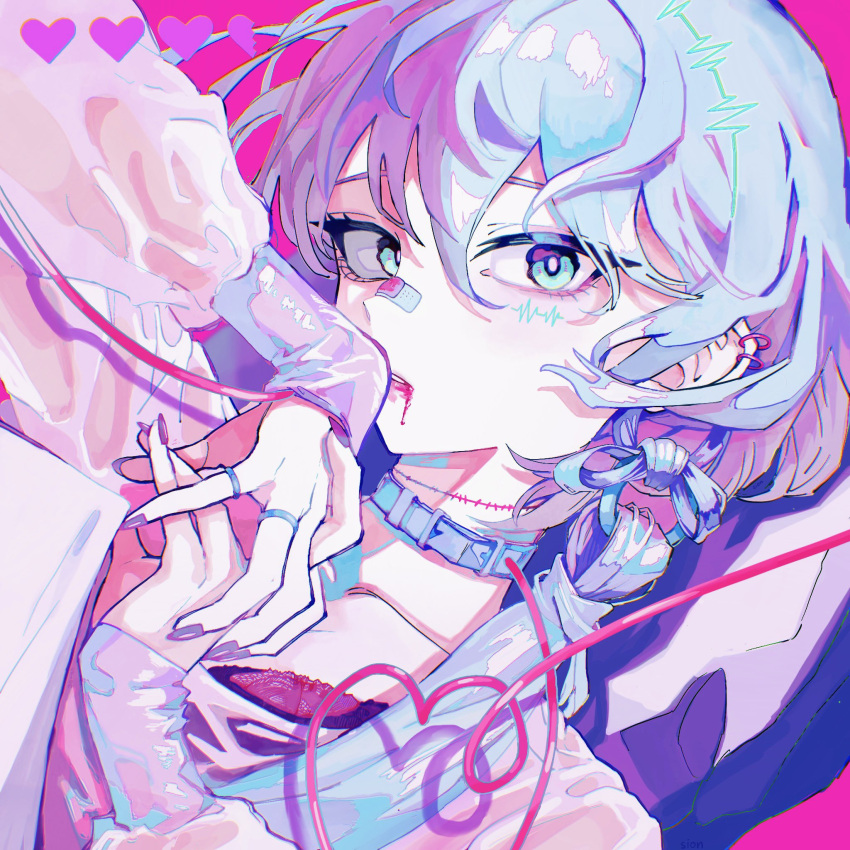 1girl bandaid bandaid_on_face bandaid_on_nose belt_collar blood blood_from_mouth blue_eyes blue_hair close-up collar crazy_straw drinking_straw ear_piercing facial_mark fingernails hair_extensions hatsune_miku highres interlocked_fingers jewelry leash long_fingernails looking_at_viewer multiple_rings nail_polish own_hands_together parted_lips piercing red_nails ring sion001250 solo upper_body vocaloid