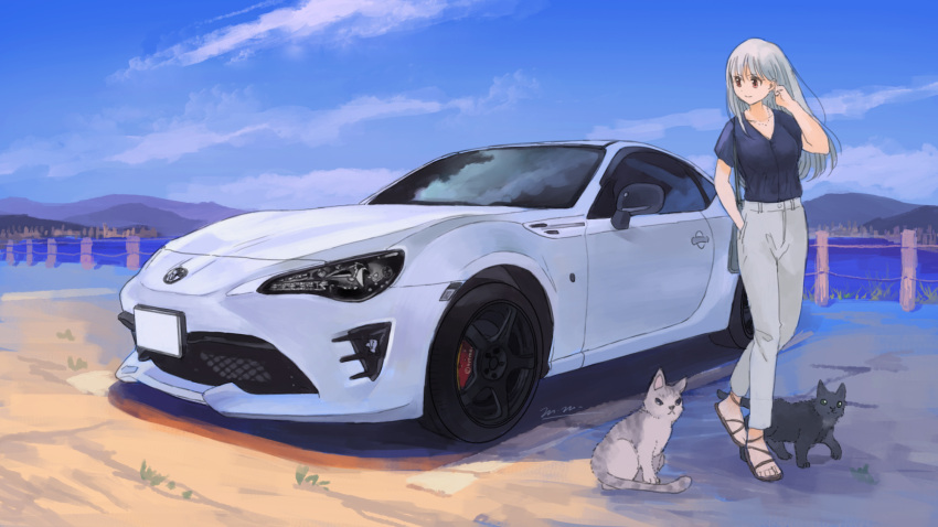 1girl bangs blue_sky car cat closed_mouth clouds commentary_request day grey_hair ground_vehicle highres license_plate long_hair momo_hiki motor_vehicle original outdoors personification sky smile solo sports_car toyota vehicle_focus vehicle_request