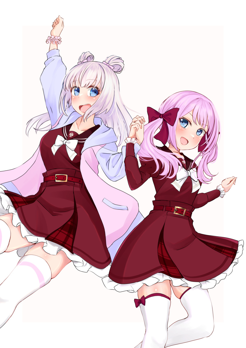 2girls :d absurdres arm_up assault_lily bangs belt belt_buckle blue_eyes blue_jacket blush border bow bowtie breasts brown_sailor_collar buckle collarbone commentary double_bun eeryuu_(2004107) feet_out_of_frame fingernails frilled_skirt frilled_sleeves frills hair_bow hair_bun hands_up high-waist_skirt highres holding_hands hood hood_down hooded_jacket interlocked_fingers jacket juliet_sleeves kanba_girls_high_school_uniform leg_up long_hair long_sleeves looking_at_viewer medium_breasts miniskirt multicolored_clothes multicolored_jacket multiple_girls open_clothes open_jacket open_mouth outside_border outstretched_arm pink_background pink_bow pink_hair pink_jacket pink_scrunchie plaid plaid_skirt puffy_sleeves red_belt red_bow red_shirt red_skirt sadamori_himeka sailor_collar school_uniform scrunchie serafuku shirt simple_background skirt smile standing standing_on_one_leg tanba_akari teeth thigh-highs thigh_bow twintails upper_teeth v-shaped_eyebrows w_arms white_border white_bow white_bowtie white_thighhighs wrist_scrunchie zettai_ryouiki