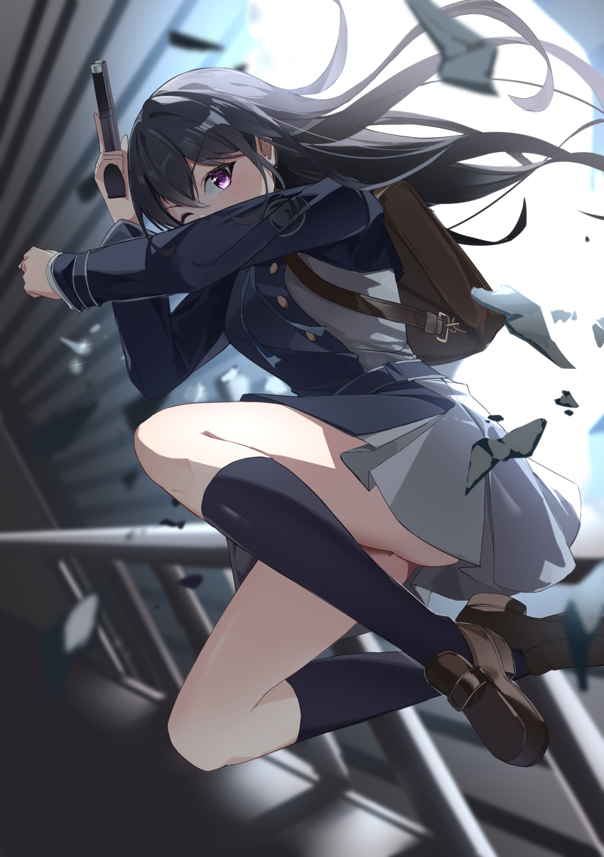 1girl absurdres backpack bag black_hair black_socks brown_footwear commentary covered_mouth gun hands_up highres holding holding_gun holding_weapon inoue_takina kneehighs knees_up loafers long_hair looking_at_viewer lycoris_recoil one_eye_closed pomegranate_nana shoes socks solo two-tone_dress uniform violet_eyes weapon