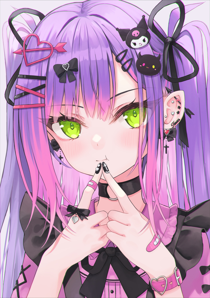 1girl 333shishishi333 absurdres bandaid blush choker closed_mouth ear_piercing green_eyes highres hololive jewelry jirai_kei kuromi long_hair multicolored_hair nail_polish piercing pink_hair pink_shirt pointy_ears purple_hair ring shirt solo tokoyami_towa twintails virtual_youtuber white_background