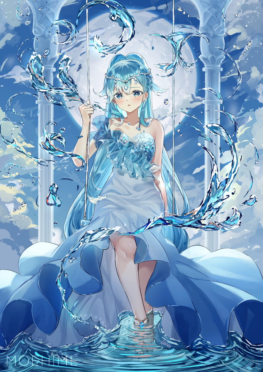 1girl alternate_costume artist_name bare_shoulders blue_eyes blue_hair highres hololive hololive_indonesia kobo_kanaeru liquid_hair looking_at_viewer moehime moon soaking_feet solo virtual_youtuber water