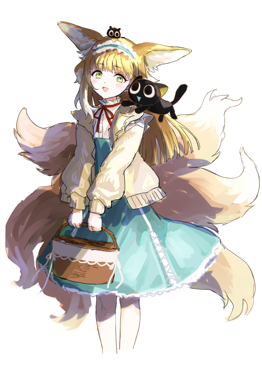 1girl :d absurdres animal animal_ear_fluff animal_ears arknights bangs basket black_cat blonde_hair blue_hairband blue_skirt blush brown_jacket cat commentary_request crossover fox_ears fox_girl fox_tail frilled_hairband frills green_eyes hairband heixiu high-waist_skirt highres holding holding_basket jacket kitsune long_sleeves luoxiaohei mou_(piooooon) multicolored_hair neck_ribbon on_head open_clothes open_jacket puffy_long_sleeves puffy_sleeves red_ribbon ribbon shirt simple_background skirt smile suzuran_(arknights) suzuran_(spring_praise)_(arknights) tail the_legend_of_luo_xiaohei two-tone_hair white_background white_hair white_shirt
