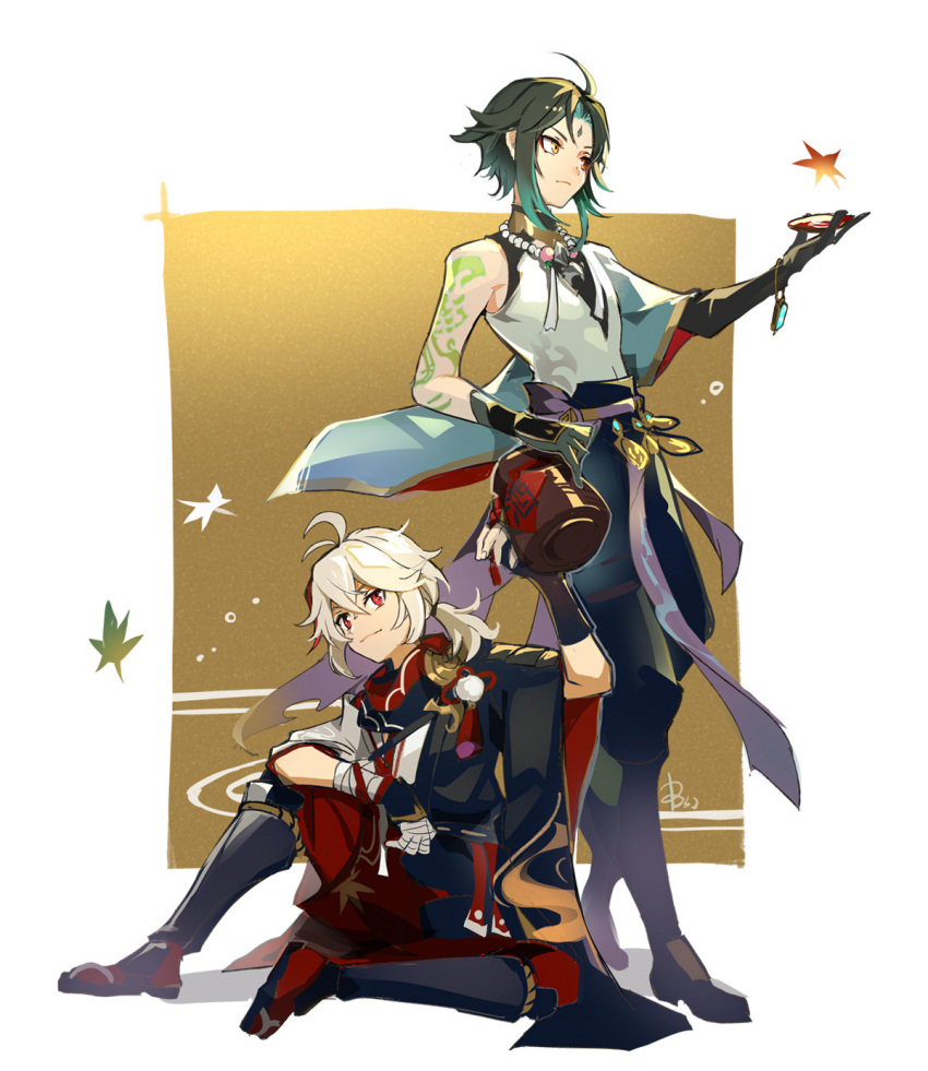 2134twone 2boys ahoge antenna_hair aqua_hair armor asymmetrical_gloves asymmetrical_sleeves autumn_leaves bandaged_arm bandages bangs bead_necklace beads black_hair blush closed_mouth commentary_request crossed_bangs facial_mark falling_leaves forehead_mark genshin_impact gloves hakama hakama_shorts highres japanese_armor japanese_clothes jewelry kaedehara_kazuha kimono leaf leaf_print looking_at_viewer male_focus maple_leaf_print multicolored_hair multiple_boys necklace ponytail red_eyes red_scarf redhead sandals scarf shorts shoulder_armor shoulder_tattoo side_ponytail sidelocks simple_background sitting smile socks spiked_armor standing streaked_hair tassel tattoo tree white_hair white_kimono xiao_(genshin_impact) yellow_eyes