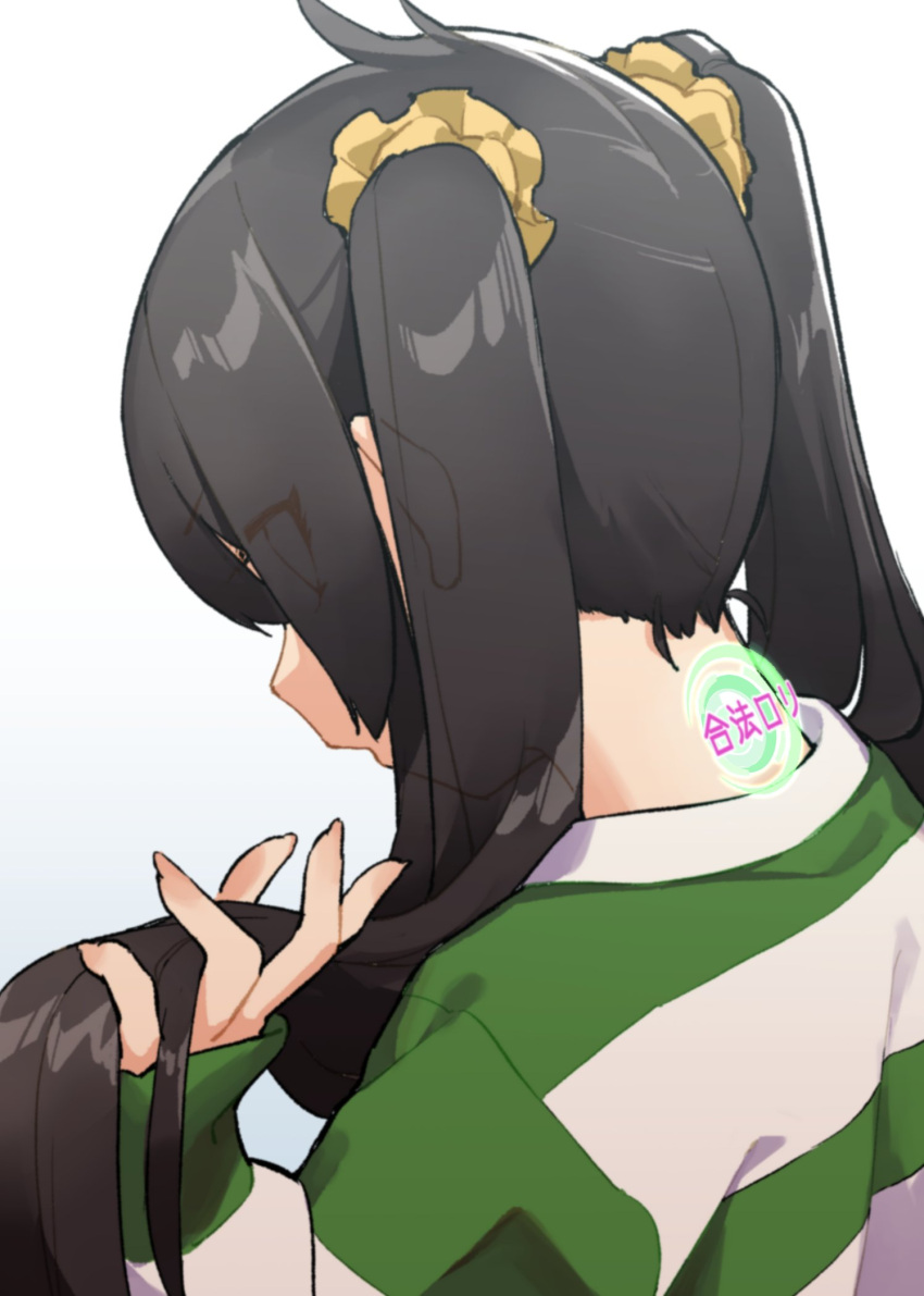 1girl black_hair commentary eyes_visible_through_hair from_behind gradient gradient_background hair_ornament hair_scrunchie hand_in_own_hair highres hologram idolmaster idolmaster_cinderella_girls long_hair matoba_risa muchi_maro nape scrunchie sidelocks sleeves_past_wrists solo striped striped_sweater sweater symbol-only_commentary translated twintails two-tone_sweater upper_body