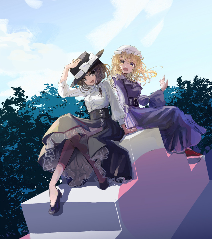 2girls :d absurdres black_headwear black_skirt blonde_hair bow brown_eyes brown_hair commentary_request dress fedora frilled_skirt frills hair_ribbon hand_on_headwear hat hat_bow highres long_skirt long_sleeves looking_at_viewer mao_cap maribel_hearn minus_(sr_mineka) multiple_girls open_mouth purple_dress red_footwear ribbon shirt sitting skirt smile touhou tress_ribbon usami_renko white_bow white_ribbon white_shirt wide_sleeves yellow_eyes