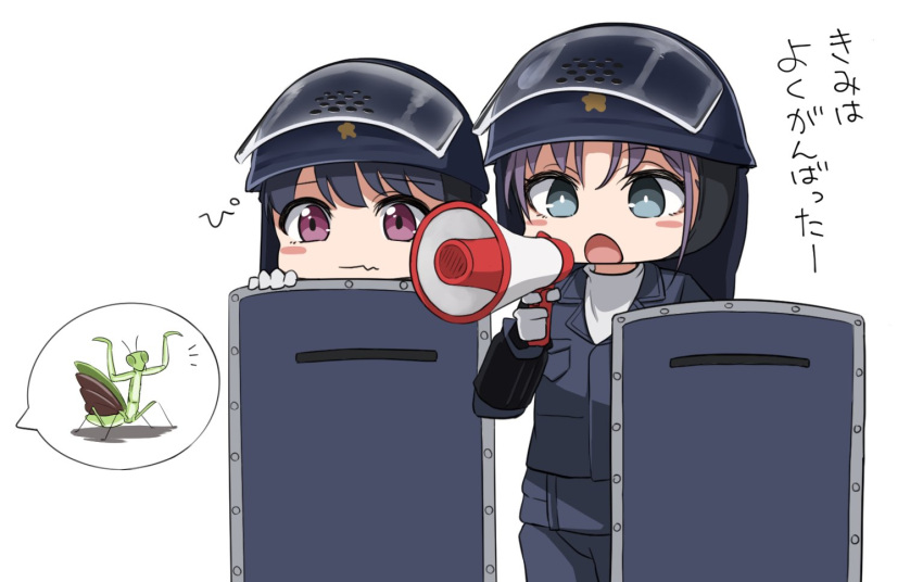 2girls asakura_toru black_hair black_jacket brown_hair commentary_request emu_1316 fukumaru_koito gloves grey_eyes helmet idolmaster idolmaster_shiny_colors jacket megaphone multiple_girls open_mouth police police_uniform praying_mantis riot_shield shield short_hair translation_request uniform violet_eyes white_background white_gloves