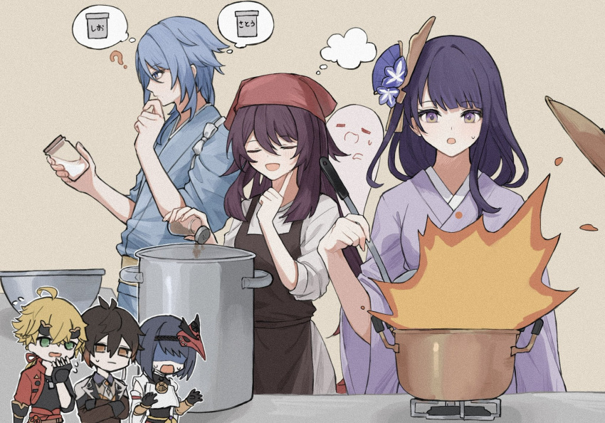 3boys 3girls ? ahoge apron bad_food bangs black_apron blonde_hair boo_tao_(genshin_impact) braid braided_ponytail brown_hair closed_eyes commentary_request cooking fake_horns finger_to_mouth fingerless_gloves flying_sweatdrops genshin_impact gloves green_eyes hair_ornament head_scarf highres holding holding_ladle horned_headwear horns hu_tao_(genshin_impact) japanese_clothes kamisato_ayato kimono ladle long_hair long_sleeves mask mask_on_head mole mole_under_eye multiple_boys multiple_girls open_mouth purple_hair purple_kimono raiden_shogun red_mask shaded_face shiroha_148 sidelocks sweatdrop tengu_mask thinking thoma_(genshin_impact) thought_bubble violet_eyes wide_sleeves worried zhongli_(genshin_impact)