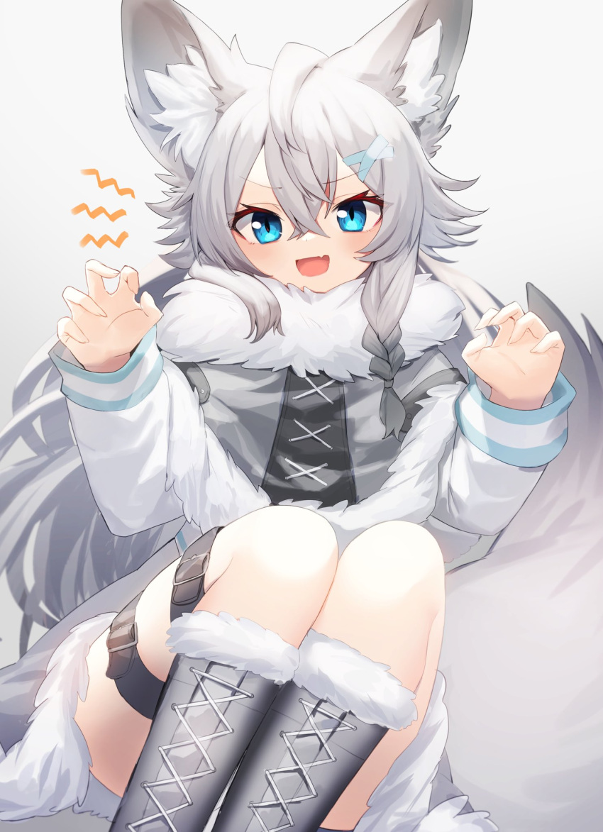 1girl :d animal_ears belt blue_eyes boots braid capelet claw_pose commission daifukumochi_(akaaokiiwo) fang fur-trimmed_capelet fur-trimmed_skirt fur_trim grey_capelet grey_footwear grey_hair highres indie_virtual_youtuber long_hair long_sleeves looking_at_viewer n_(virtual_youtuber) side_braid skeb_commission skin_fang skirt smile tail thigh_belt thigh_strap v-shaped_eyebrows virtual_youtuber wolf_ears wolf_girl wolf_tail