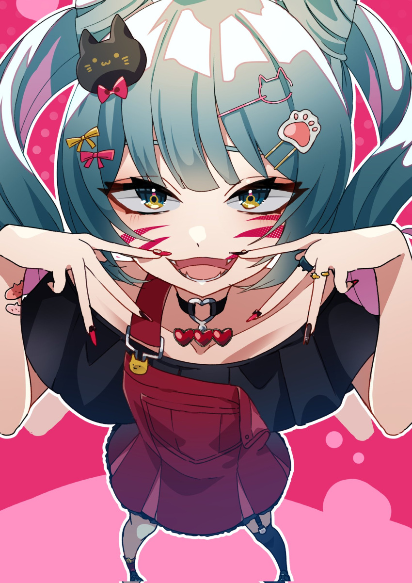 1girl animal_(vocaloid) aqua_hair black_nails black_shirt bow bowtie cat_bandaid cat_hair_ornament choker collarbone commentary countdown facial_mark fangs fingers_to_mouth foreshortening from_above hair_horns hair_ornament hairclip hatsune_miku heart heart_choker highres jewelry kusunokimizuha looking_at_viewer medium_hair open_mouth paw_hair_ornament red_nails red_skirt ring shirt short_sleeves skirt solo standing suspender_skirt suspenders twintails vocaloid whisker_markings