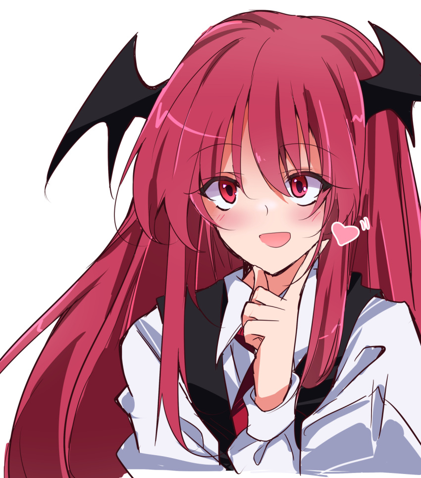 1girl :d bat_wings collared_shirt head_wings heart highres ichimura_kanata index_finger_raised koakuma long_hair looking_at_viewer open_mouth red_eyes redhead shirt simple_background smile solo touhou upper_body white_background wings