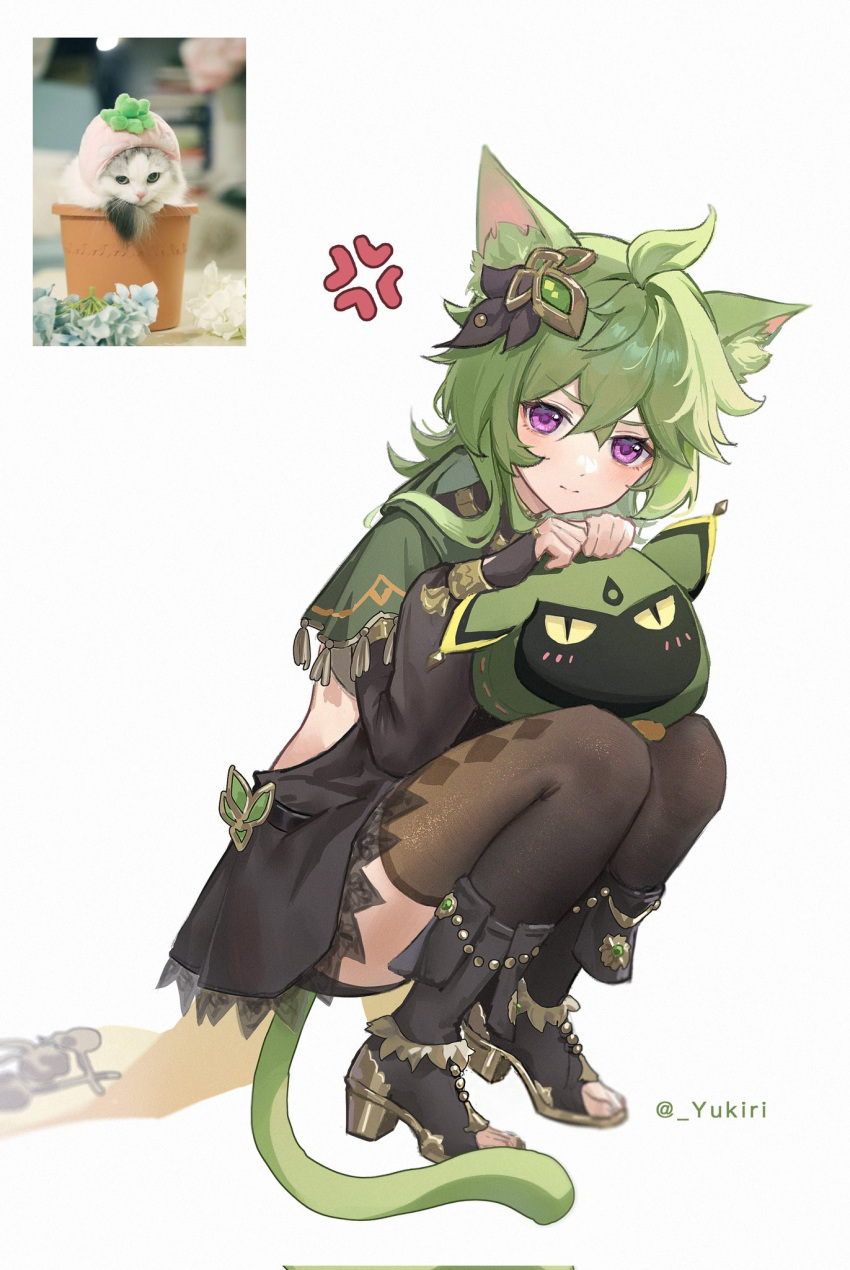 1girl ahoge anger_vein animal_ear_fluff animal_ears bangs blush bridal_gauntlets brown_thighhighs capelet cat cat_ears cat_tail closed_mouth collei_(genshin_impact) commentary_request crossed_bangs cuilein-anbar_(genshin_impact) earrings furrowed_brow genshin_impact green_capelet green_hair hair_ornament highres jewelry long_sleeves looking_at_viewer puffy_long_sleeves puffy_sleeves reference_inset sidelocks single_earring solo squatting tail thigh-highs toeless_footwear twitter_username violet_eyes yukiri_(l_ii)