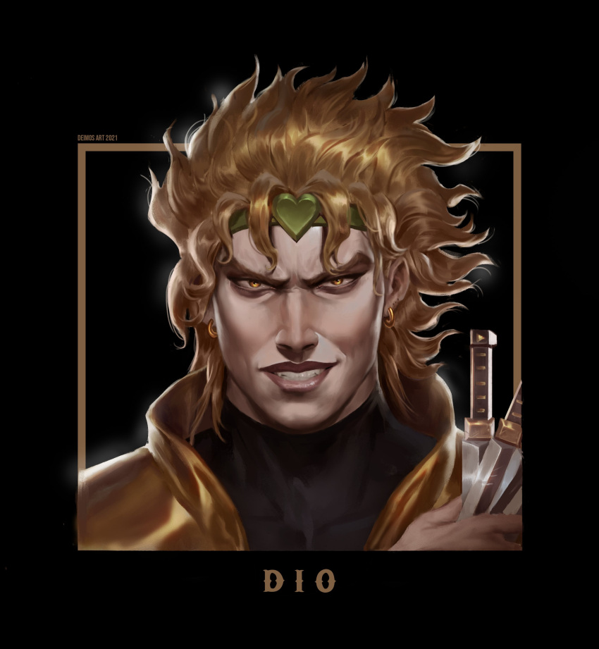 1boy 2021 absurdres artist_name birthmark blonde_hair character_name deimos_art dio_brando earrings green_headband grin headband highres holding holding_knife jacket jewelry jojo_no_kimyou_na_bouken knife male_focus orange_eyes portrait realistic smile solo stardust_crusaders turtleneck yellow_jacket