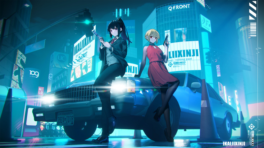 2girls bare_arms bare_shoulders black_collar black_footwear black_hair black_jacket black_pants black_pantyhose black_suit blonde_hair car city_lights closed_mouth collar collared_shirt commentary dress formal ground_vehicle gun handgun high_heels highres holding holding_gun holding_weapon inoue_takina jacket long_hair looking_at_viewer lycoris_recoil motor_vehicle multiple_girls necktie nishikigi_chisato official_alternate_costume pants pantyhose red_eyes red_necktie shirt shoes short_hair sleeveless sleeveless_dress smile suit violet_eyes weapon white_shirt yigali_xinji