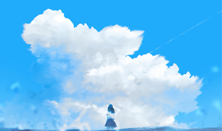 1girl absurdres blue_sky blue_theme clouds from_behind highres long_hair looking_afar original partially_submerged pleated_skirt sailor_collar scenery school_uniform serafuku shion_08 shirt skirt sky solo standing water white_shirt