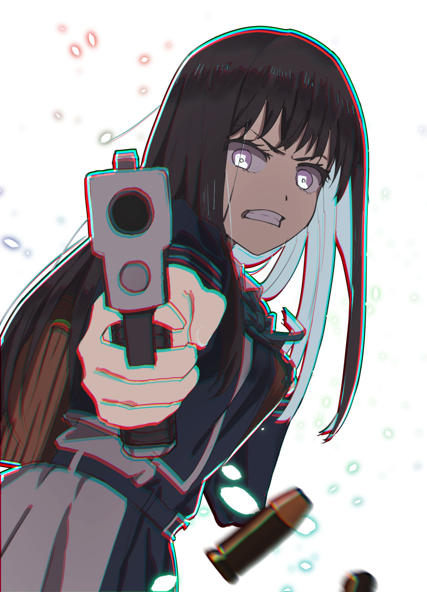 1girl akineru4 angry black_hair clenched_teeth commentary_request gun handgun highres holding holding_gun holding_weapon inoue_takina long_hair looking_at_viewer lycoris_recoil lycoris_uniform solo teeth two-tone_dress uniform violet_eyes weapon white_background