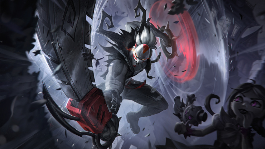 1boy 1girl absurdres annie_(league_of_legends) bandages bangs biceps black_gloves black_hair black_pants building chainsaw child commentary draven dress female_child fingerless_gloves fright_night_annie fright_night_draven gloves grey_hair highres hockey_mask holding holding_chainsaw holding_weapon junsartwork league_of_legends long_hair male_focus mask mature_male muscular muscular_male official_art outdoors pants pink_eyes puffy_short_sleeves puffy_sleeves scar scar_on_arm second-party_source shoes short_sleeves smile symbol-only_commentary tibbers torn_clothes torn_pants weapon wrist_cuffs