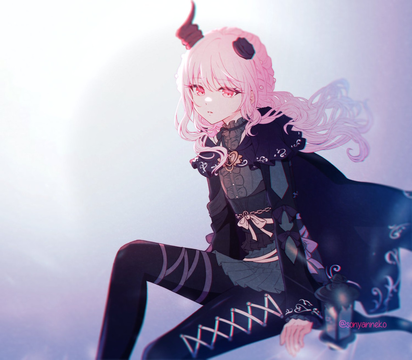 1other akiyama_mizuki androgynous artist_name bangs black_pants bow broken_horn chromatic_aberration cloak commentary english_commentary floating_hair gradient gradient_background grey_background highres horns invisible_chair knee_up long_hair long_sleeves looking_at_viewer lower_(vocaloid) official_alternate_costume pants parted_lips pink_eyes pink_hair project_sekai simple_background sitting solo sonyaneko wavy_hair