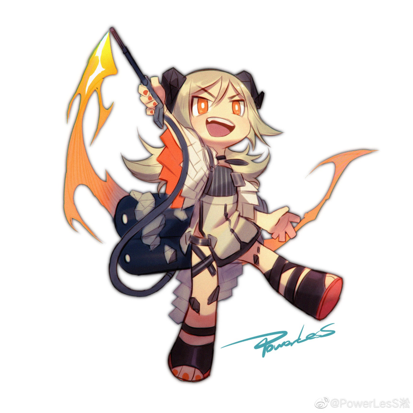 1girl absurdres arknights black_dress blonde_hair chibi demon_girl demon_horns dress fang flamethrower ground_vehicle highres holding holding_weapon horns ifrit_(arknights) jacket medium_hair military military_vehicle motor_vehicle nail_polish open_mouth orange_eyes orange_nails powerlesssong signature simple_background solo standing standing_on_one_leg tank teeth toenail_polish toenails twintails upper_teeth v-shaped_eyebrows weapon weibo_logo weibo_username white_background white_jacket