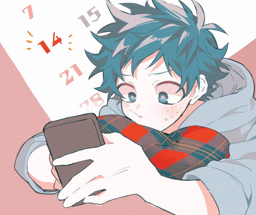 1boy blush boku_no_hero_academia cellphone closed_mouth commentary freckles green_eyes green_hair grey_hoodie highres holding holding_phone hood hood_down hoodie male_focus midoriya_izuku phone short_hair simple_background solo wakka_(raitiye) white_background