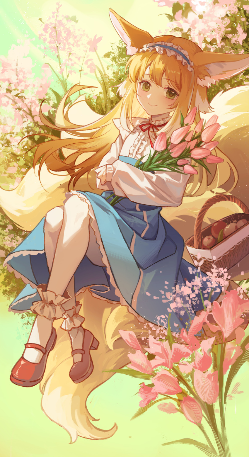 1girl absurdres animal_ears ankle_cuffs arknights basket blonde_hair blue_hairband blue_skirt brown_footwear flower fox_ears fox_girl fox_tail frilled_hairband frills full_body green_eyes hair_down hairband high-waist_skirt highres holding holding_flower kano_sakiko long_hair long_sleeves looking_at_viewer neck_ribbon official_alternate_costume pantyhose pink_flower red_ribbon ribbon shirt shoes skirt smile solo suzuran_(arknights) suzuran_(spring_praise)_(arknights) tail white_pantyhose white_shirt