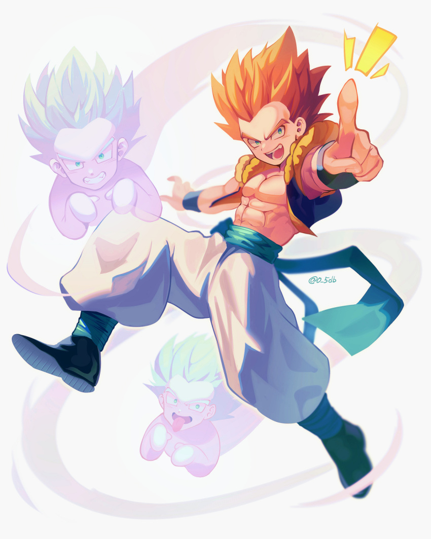 3boys abs blonde_hair blue_eyes blue_sash boots commentary_request dragon_ball dragon_ball_z full_body ghost gotenks grin highres looking_at_viewer male_child male_focus multiple_boys muscular muscular_child notice_lines open_mouth pants pectorals pointing pointing_at_viewer sash smile spiky_hair super_ghost_kamikaze_attack super_saiyan super_saiyan_1 teeth tongue tongue_out twitter_username white_background white_pants zero-go