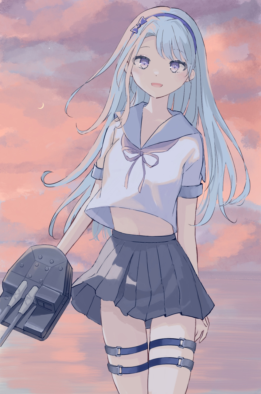 1girl adapted_turret asymmetrical_bangs bangs blue_bow blue_hairband bow cannon commentary_request cowboy_shot gradient_sky grey_hair grey_ribbon grey_skirt hairband highres kantai_collection long_hair orange_sky pleated_skirt sagiri_(kancolle) school_uniform serafuku short_sleeves skirt sky solo standing suihei swept_bangs thigh_strap turret violet_eyes