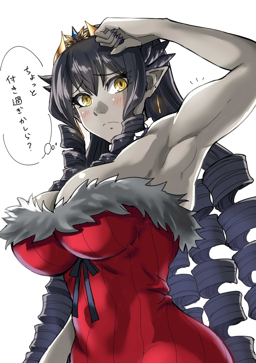 1girl bad_link blush breasts circlet curly_hair grey_skin highres large_breasts long_fingernails muscular muscular_female pointy_ears red_dress solo tagme tarea translation_request tube_dress yellow_eyes yondome_wa_iya_na_shizokusei_majutsushi