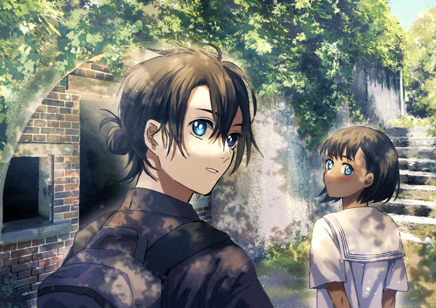 1boy 1girl ajiro_shinpei backpack bag black_bag black_hair black_shirt blue_eyes building commentary_request dark-skinned_female dark_skin day hair_between_eyes hair_bun heterochromia highres kofune_mio looking_at_viewer looking_back nori_salt outdoors photo_background sailor_collar shirt short_hair single_hair_bun stairs summertime_render white_shirt