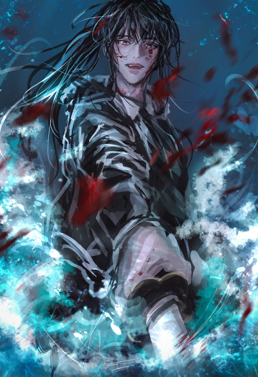 1girl absurdres black_eyes black_hair blood blood_on_face blue_background crying crying_with_eyes_open dante_(_dannnte_) highres holding holding_sword holding_weapon jihye_lee korean_commentary long_hair long_sleeves omniscient_reader's_viewpoint open_mouth ponytail solo sword tears teeth upper_teeth water weapon