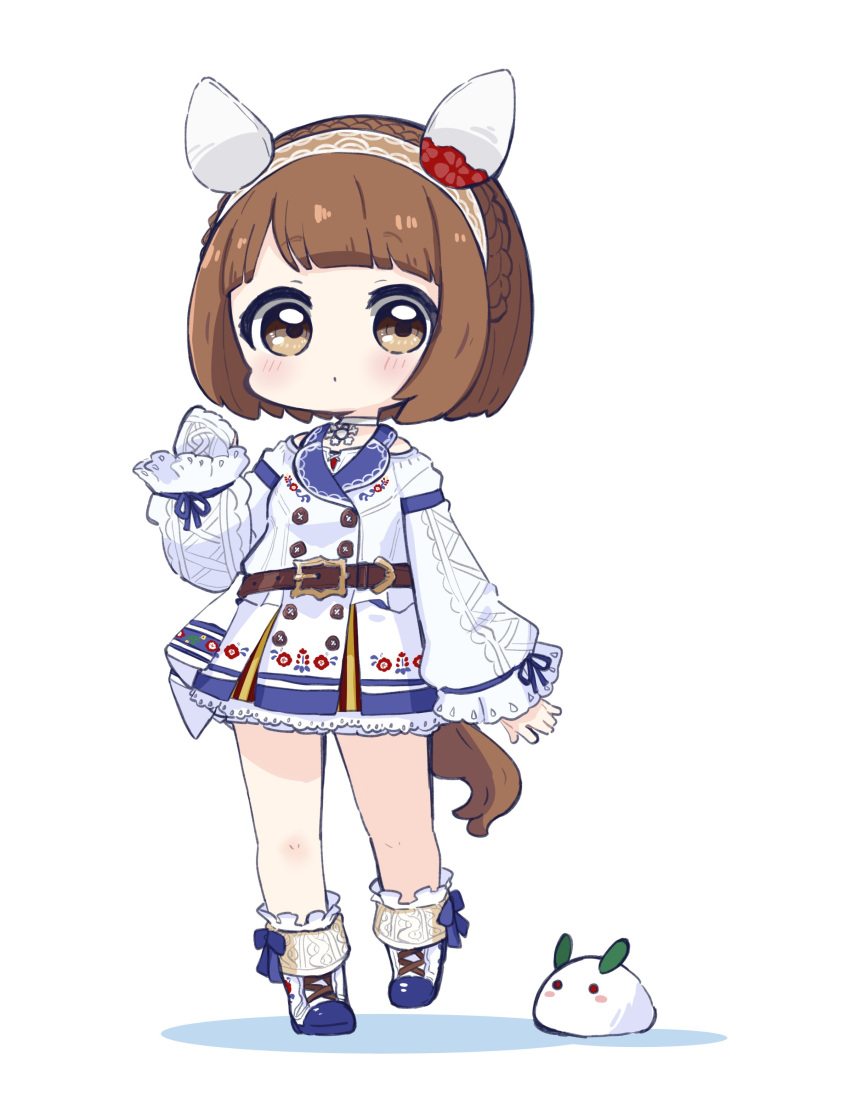 1girl absurdres animal_ears bangs bare_shoulders blue_sailor_collar blush braid brown_eyes brown_hair brown_hairband chibi closed_mouth clothing_cutout colored_shadow commentary_request crown_braid dress full_body gloves hairband hand_up highres horse_ears horse_girl horse_tail long_sleeves looking_at_viewer nozo_(hitomiz) puffy_long_sleeves puffy_sleeves revision sailor_collar shadow shoes short_hair shoulder_cutout simple_background single_glove sleeves_past_wrists snow_bunny solo standing standing_on_one_leg tail umamusume white_background white_dress white_footwear white_gloves yukino_bijin_(umamusume)