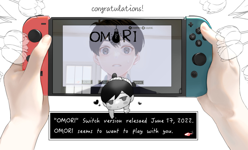 2boys 3_ooo black_eyes black_hair colored_skin copyright_name english_text handheld_game_console heart highres holding holding_handheld_game_console miniboy multiple_boys nintendo_switch omori omori_(omori) parted_lips reflection short_hair sunny_(omori) sweatdrop title_screen white_skin