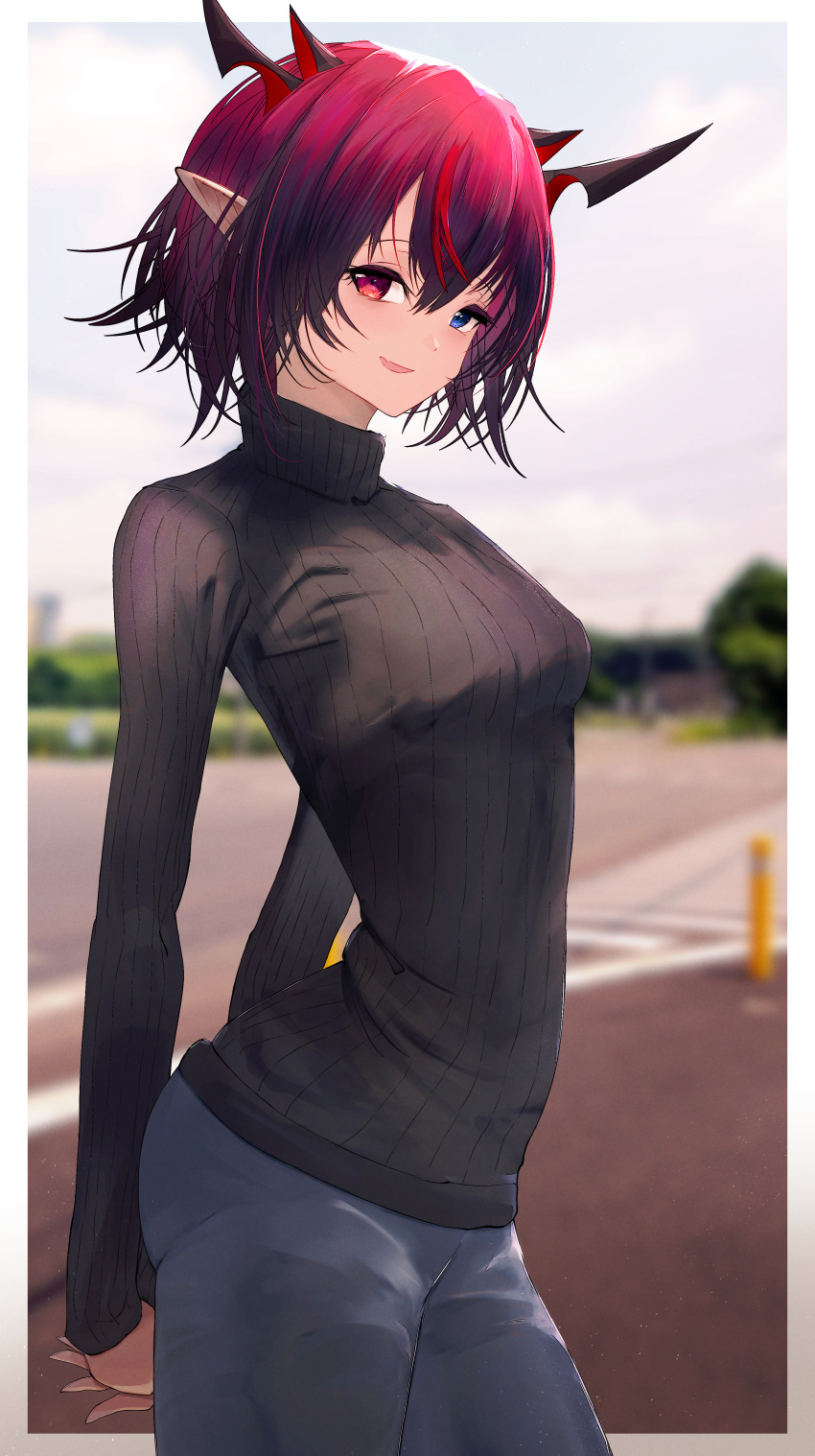 1girl absurdres alternate_breast_size alternate_hair_length alternate_hairstyle arms_behind_back black_sweater blue_eyes blue_pants blurry blurry_background breasts day getto gradient_hair heterochromia highres hololive hololive_english horns irys_(hololive) long_sleeves looking_at_viewer multicolored_hair outdoors pants parted_lips pointy_ears purple_hair short_hair small_breasts smile solo sweater turtleneck turtleneck_sweater violet_eyes virtual_youtuber