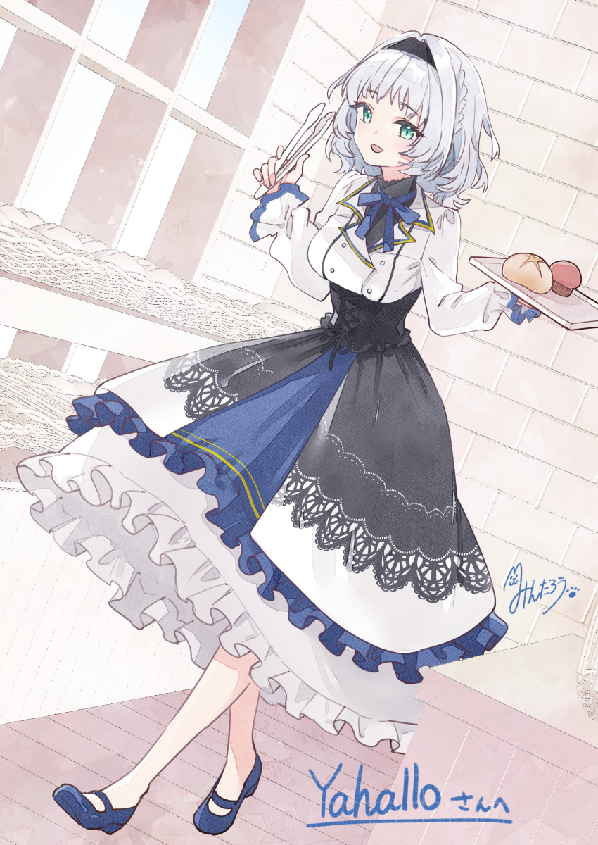 1girl absurdres braid bread buttons casual commission cross-laced_clothes double-breasted dress english_commentary food frilled_dress frills full_body green_eyes grey_hair hairband halo_removed highres kamishiro_rita mary_janes muffin prism_project second-party_source shoes short_hair skeb_commission solo todo-akira tongs underbust virtual_youtuber
