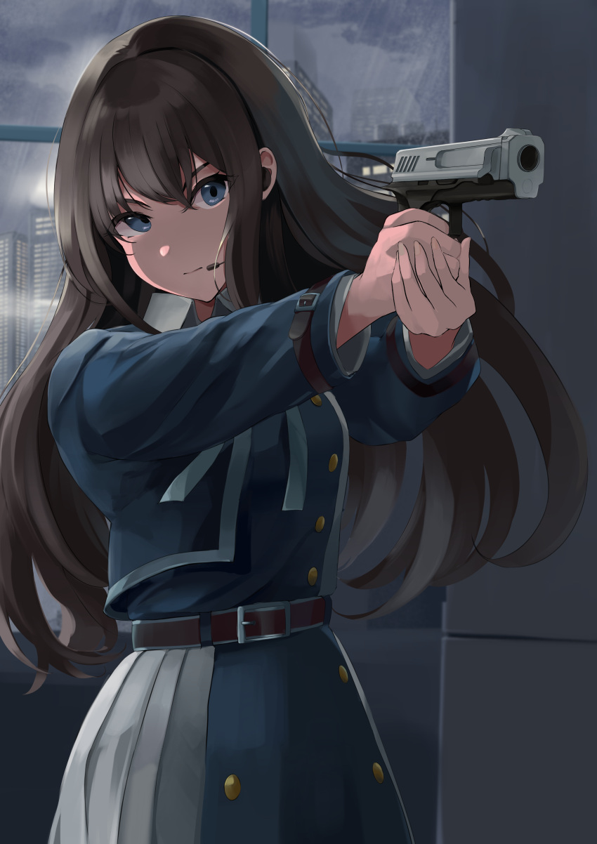 1girl absurdres aiming black_hair blue_eyes closed_mouth gun handgun headset highres holding holding_gun holding_weapon inoue_takina long_hair long_sleeves looking_at_viewer lycoris_recoil lycoris_uniform maou_(pixiv55083682) solo two-tone_dress uniform upper_body weapon